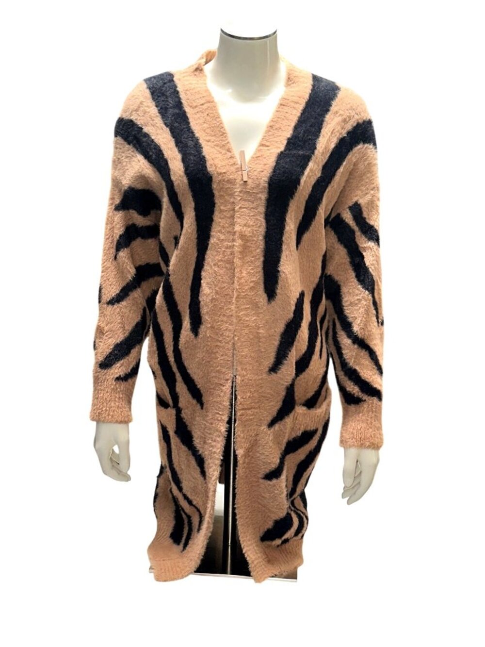 Forever 21 Size Small Beige Black Zebra Cardigan Fuzzy Longline Glam Grunge Cozy - Picture 2 of 10